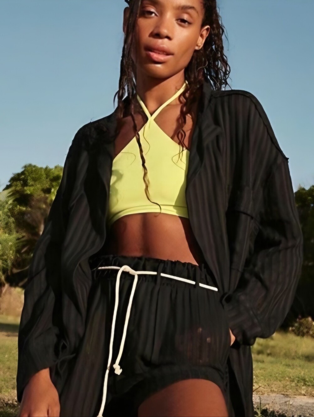 Free People Pacific Set Black Ribbed Knit Cardigan & Shorts Women's Size‎ Large